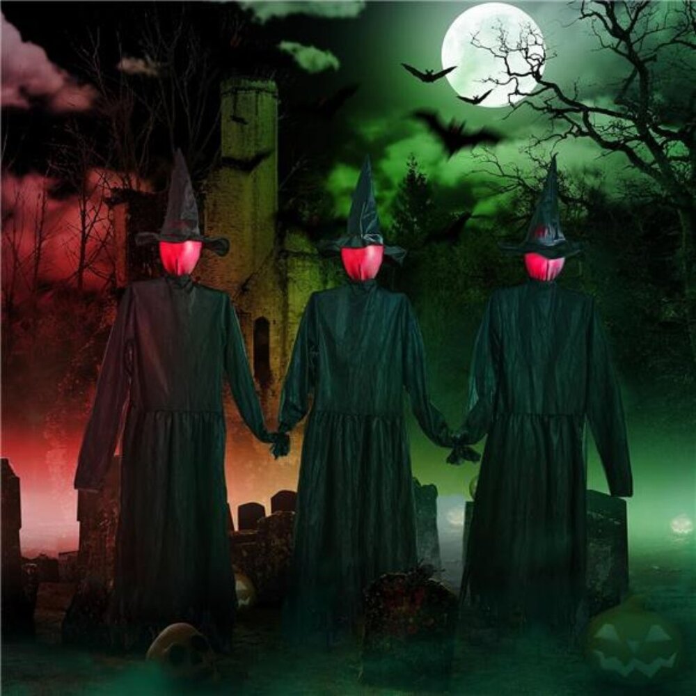 New Halloween Decorations Outdoor 3PCS Light Up Witches Holding Hands Witches